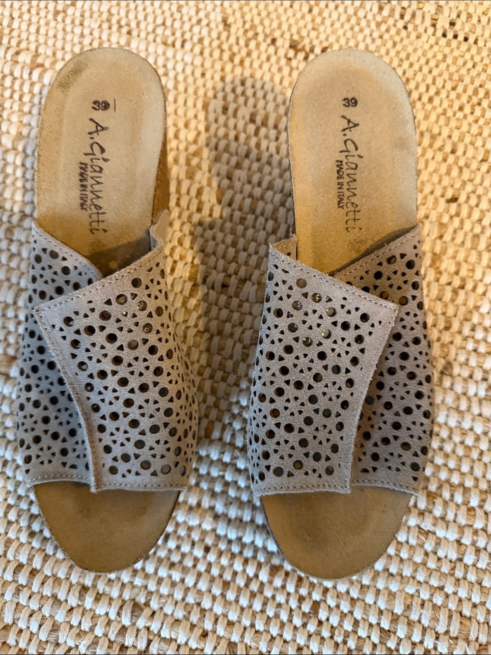 A. Giannetti Taupe Laser-Cut Suede Slide Mules